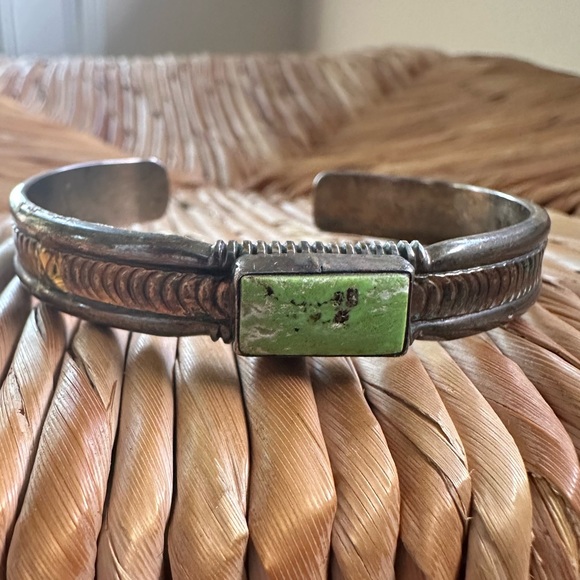 J.W. TOADLENA Sterling 12KGF Green Turquoise Cuff Bracelet Navajo Authentic - Picture 11 of 16